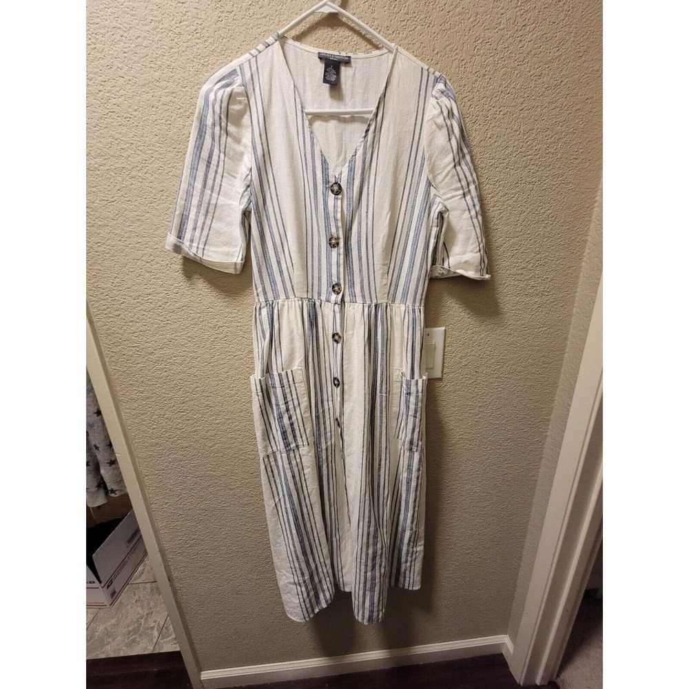 Chelsea And Theodore Striped Button Up Dress Linen Blend Size Small